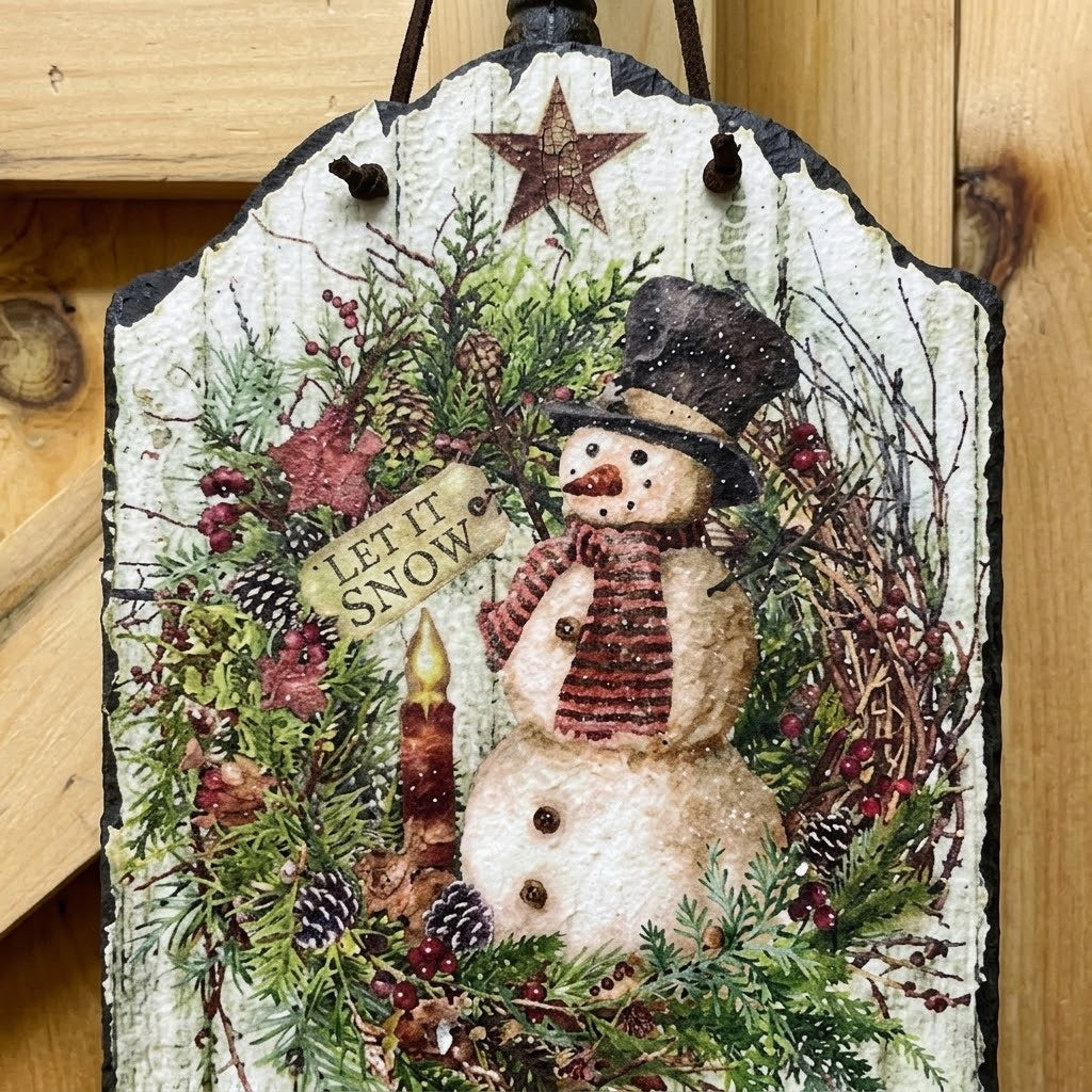 Folk Art Winter Snowman Hanging Slate Welcome Sign for Christmas Wall & Door Decor