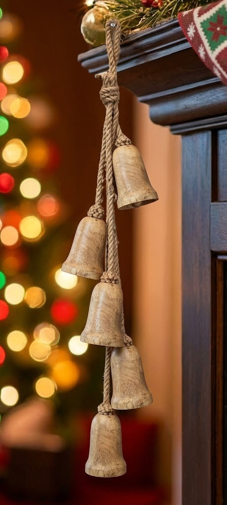 Rustic Hanging Wooden Bells on Jute Rope Primitive Garden and Home Holiday Decor