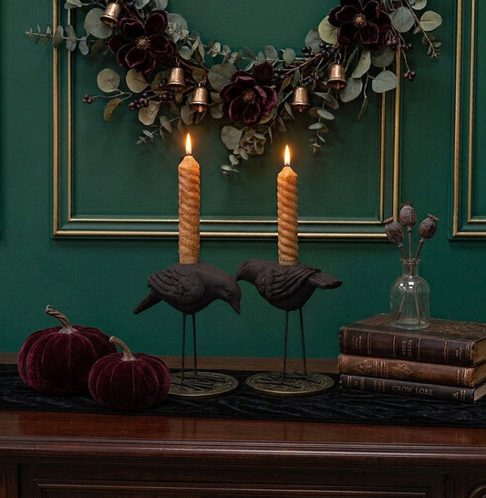 Metal Black Crow Taper Candle Holder Pair, Halloween & Fall Table Decor – detail view