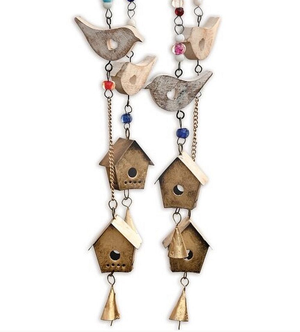 Distressed, Rustic Wood, Metal and Beads Birdhouse Chime, 21" Farmhouse Decor