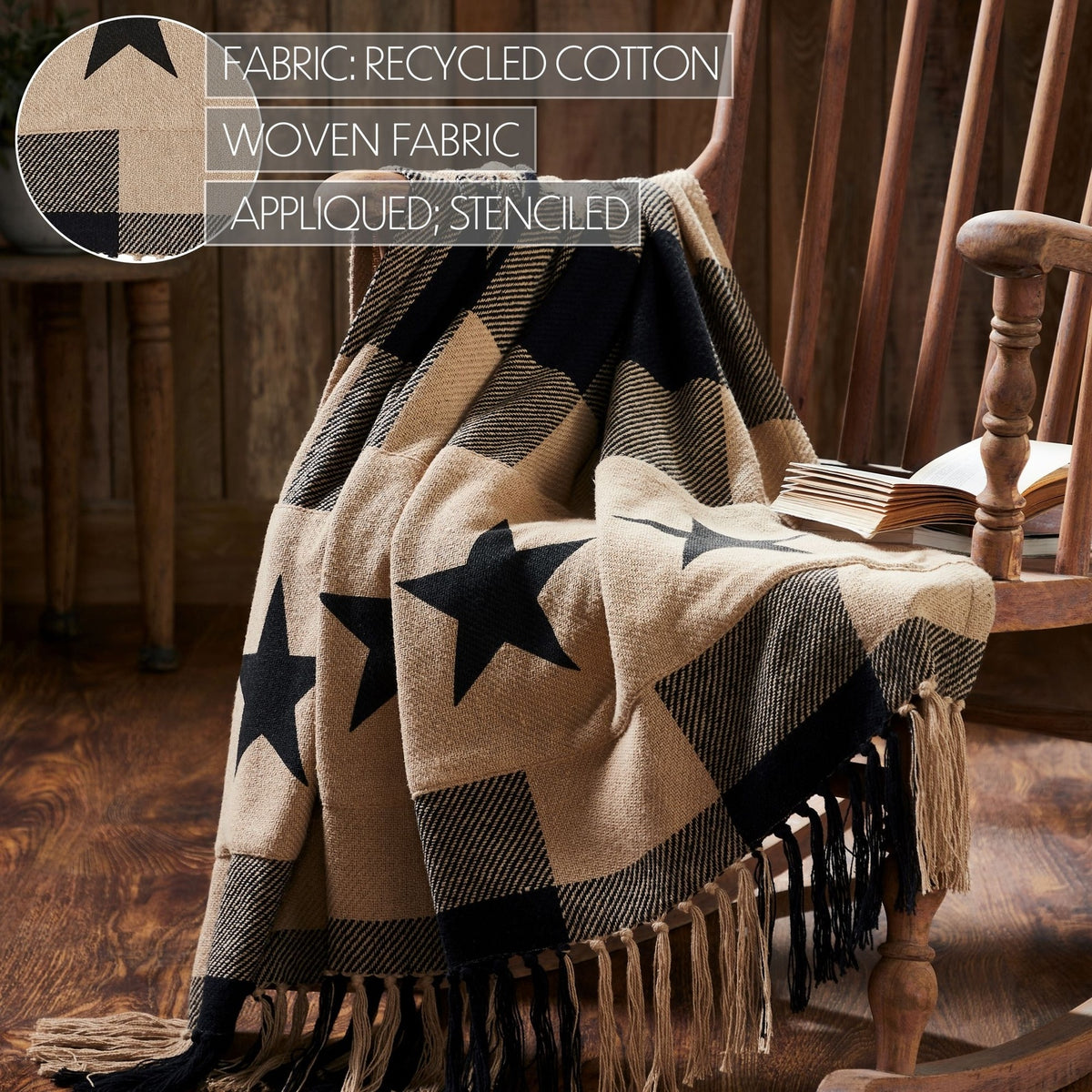 Black Check Star Primitive Woven Throw Blanket 50" x 60", Country Americana