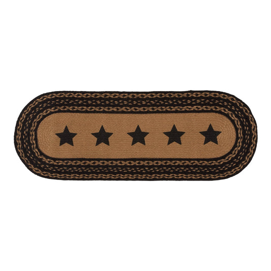 Braided Jute Oval Table Runner 13" x 36" Primitive Black Star Colonial Folk Art
