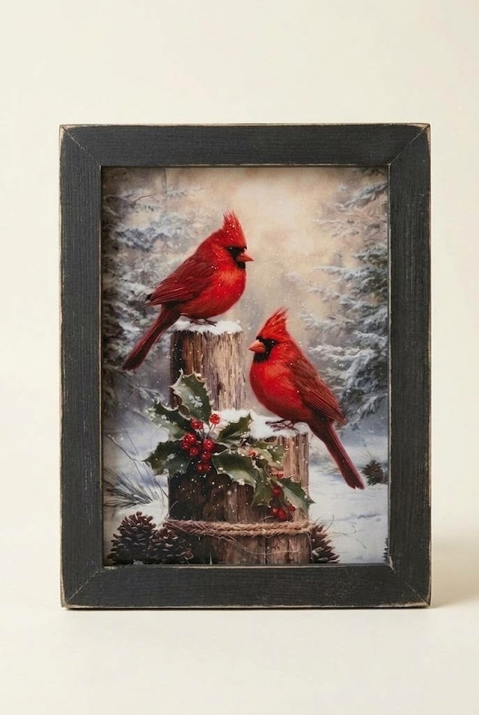 Winter Woodland Cardinals Framed Wall Art 17.5" x 13.5" Distressed Holiday Decor