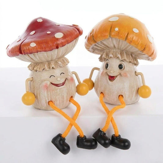 Fairy Garden Mushroom Shelf Sitter Set 2pc Whimsical Dangling Leg Figurines