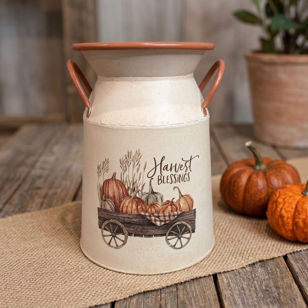Fall Harvest Blessings 9" Metal Milk Jug Pitcher – Rustic Autumn Tabletop Decor