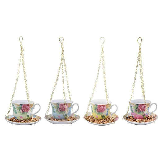 Victorian Rose Porcelain Teacup & Saucer Hanging Bird Feeder and Bath Bath – detail view