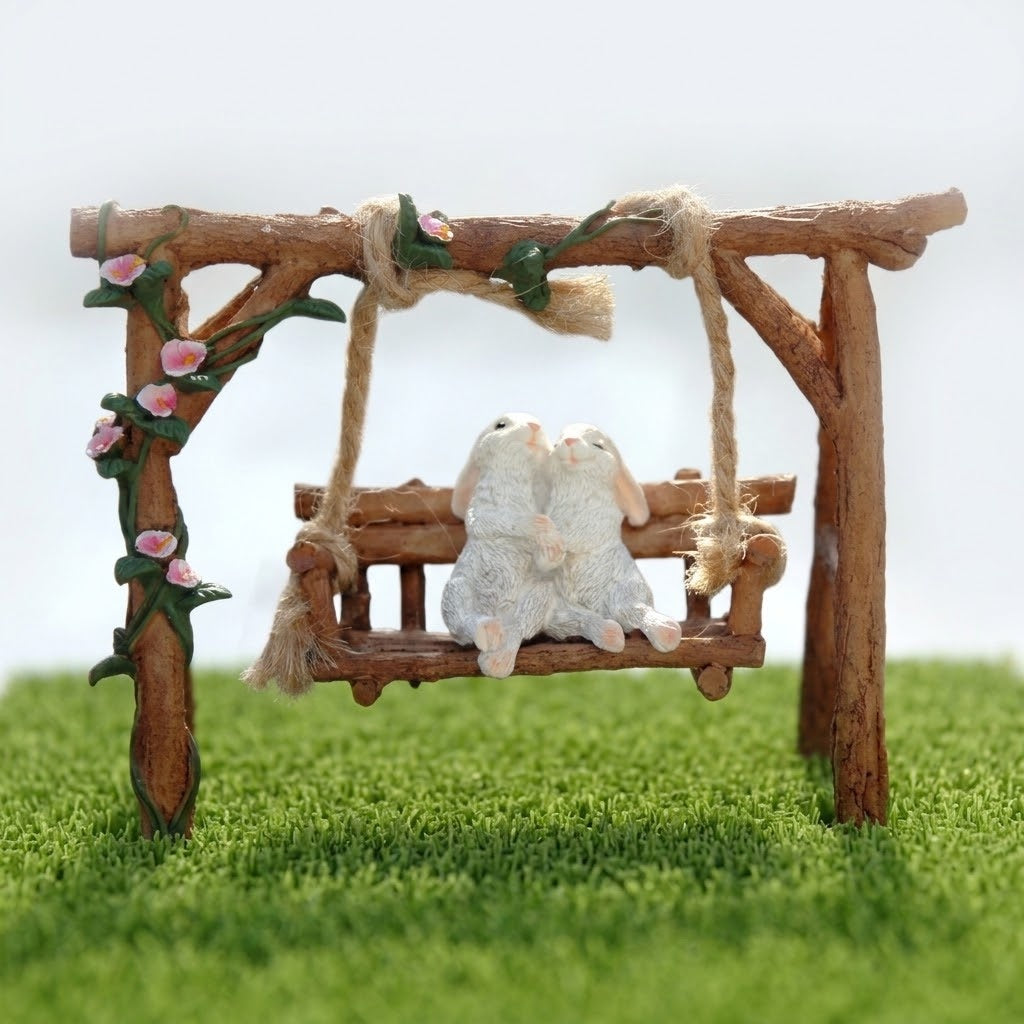 Fairy Garden Miniature Sweetheart Bunnies on a Floral Rustic Garden Swing