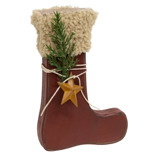Primitive Wood Stocking Sitter W/Pine & Rusty Star6" Mini Christmas Decor