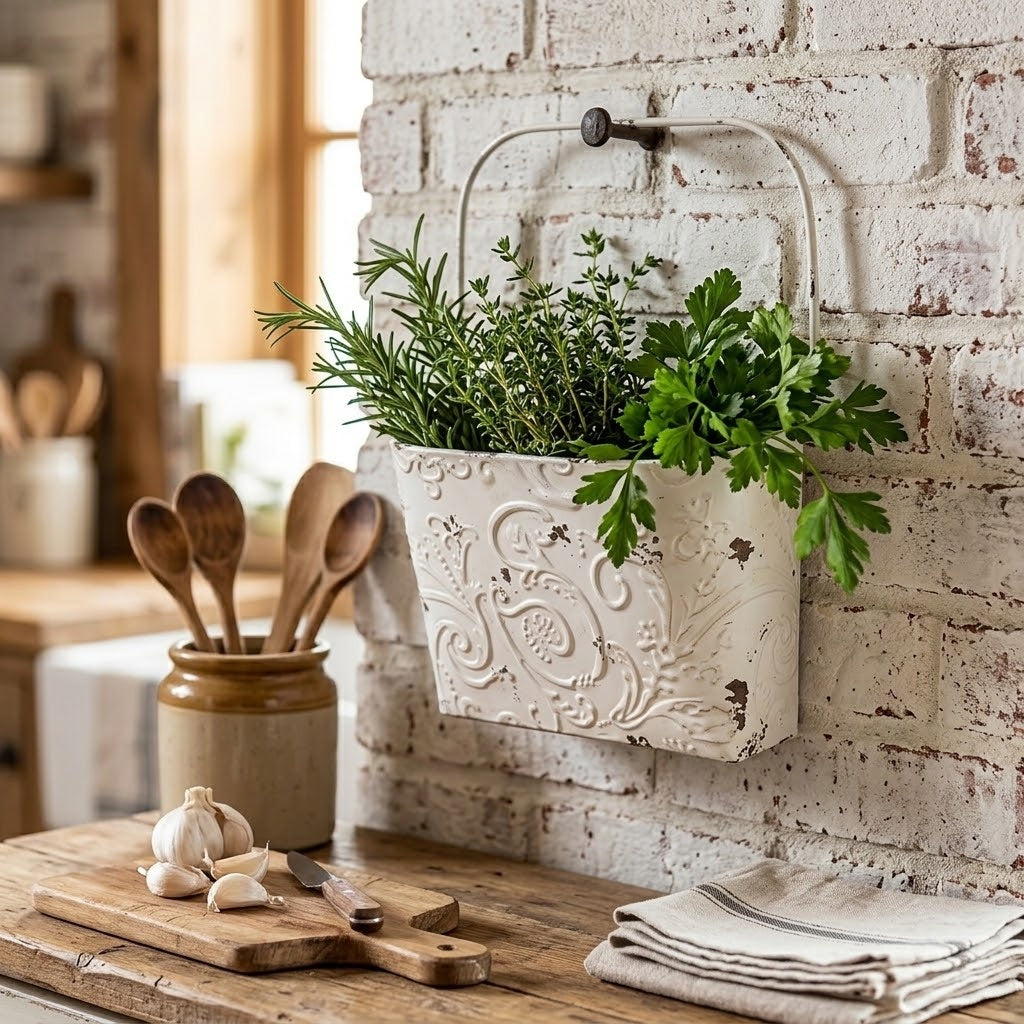 Embossed French Country Metal Wall Pocket Planter, Hanging Distressed Tin Basket