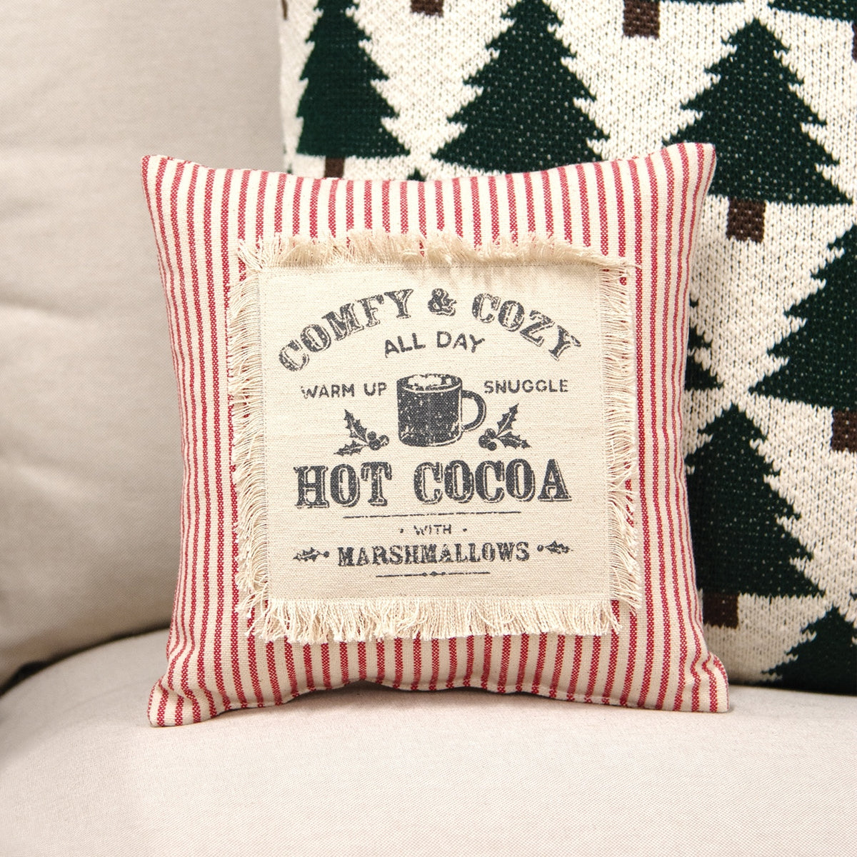 Red Ticking Stripe 10" Holiday Pillow, Comfy & Cozy Hot Cocoa and Marshmallows