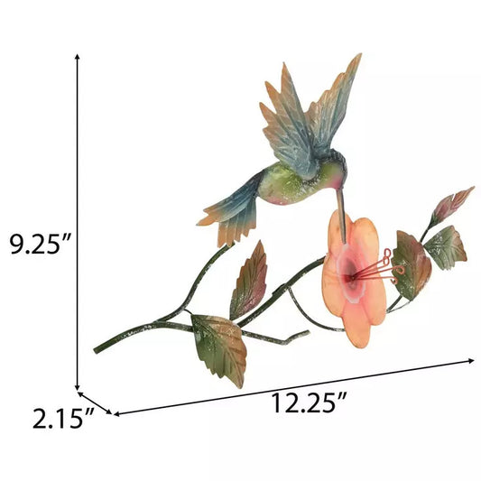 3D Metal Hummingbird Wall Hanging Colorful Garden Flower Sculptural Accent Art