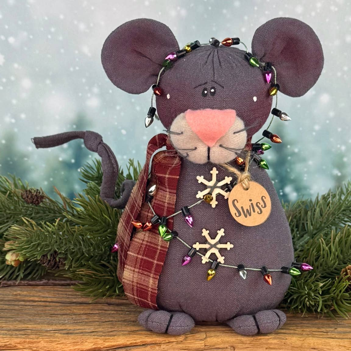 Swiss the Christmas Mouse Fabric Shelf Sitter with Decorative Bulbs & Scarf