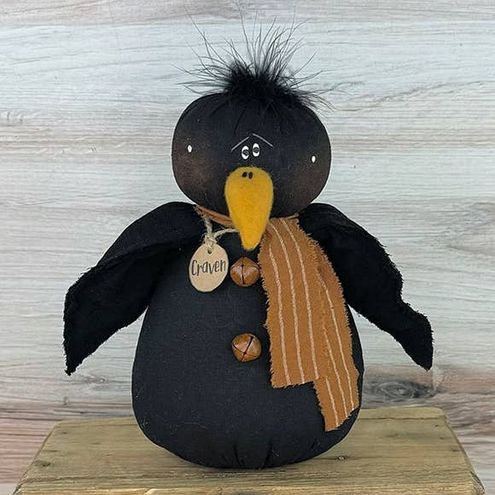 Craven the Crow, Primitive Rustic Fabric Sitter with Bell Buttons & Scarf