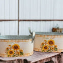 Set of 2 "Happy Fall" Sunflower Galvanized Metal Nesting Planters Autumn Buckets