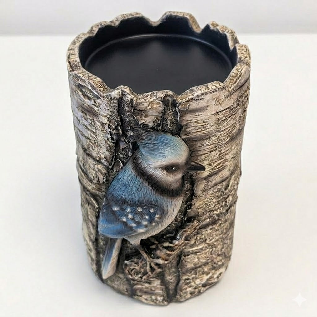 De Leon Collections Resin Birch Log Blue Jay Candle Holder, 6" Stand