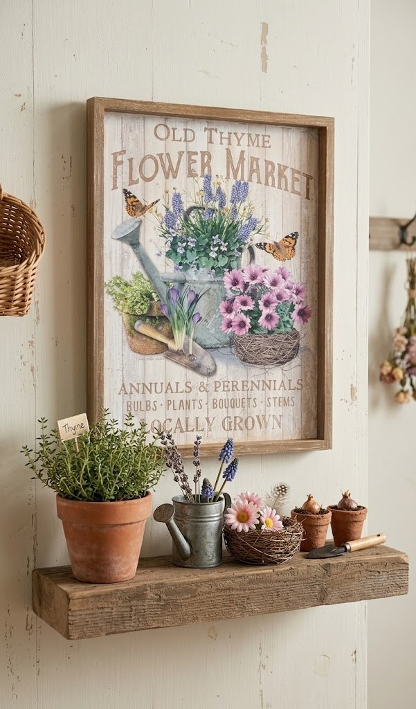 Vintage Farmhouse Wood Framed "Old Thyme Flower Market" Wall Art - 16.5" x 12.5"