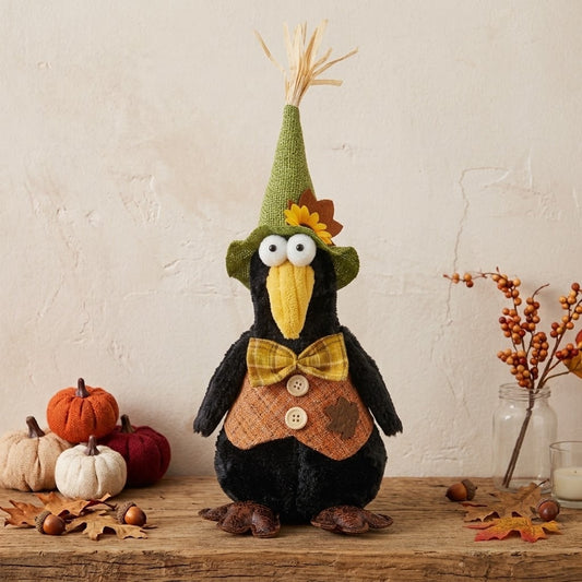 Rustic 14" Autumn Boy Crow Shelf Sitter Figurine, Country Fall Shelf Decor
