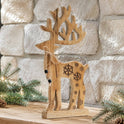 Carved Natural Mango Wood 16" Reindeer Figurine, Rustic Snowflake Christmas Decor