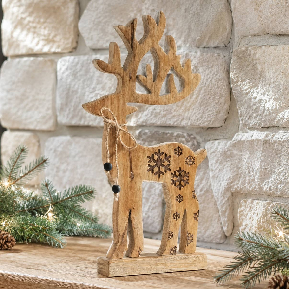 Carved Natural Mango Wood 16" Reindeer Figurine, Rustic Snowflake Christmas Decor