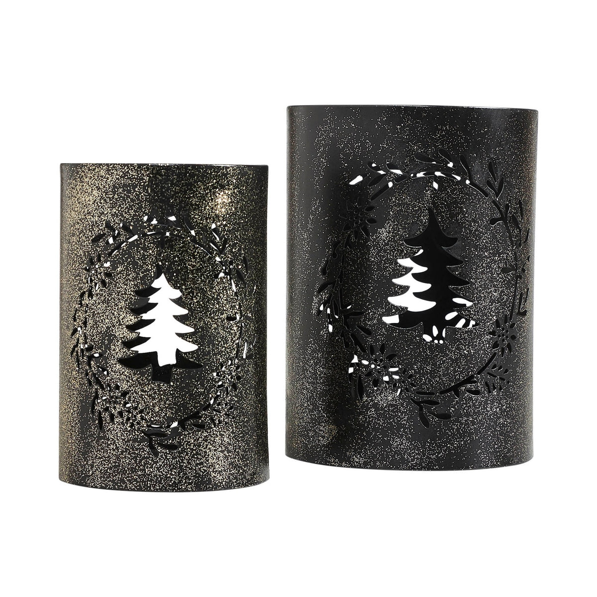 Shimmering Black Metal Christmas Tree Lanterns Woodland Wreath Candle Holder Set