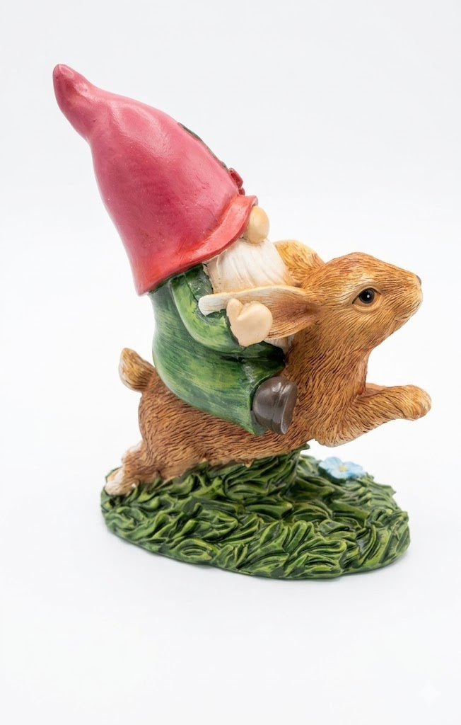 Gnome Riding Brown Bunny 6" Figurine with Floral Accent, Resin Statuette