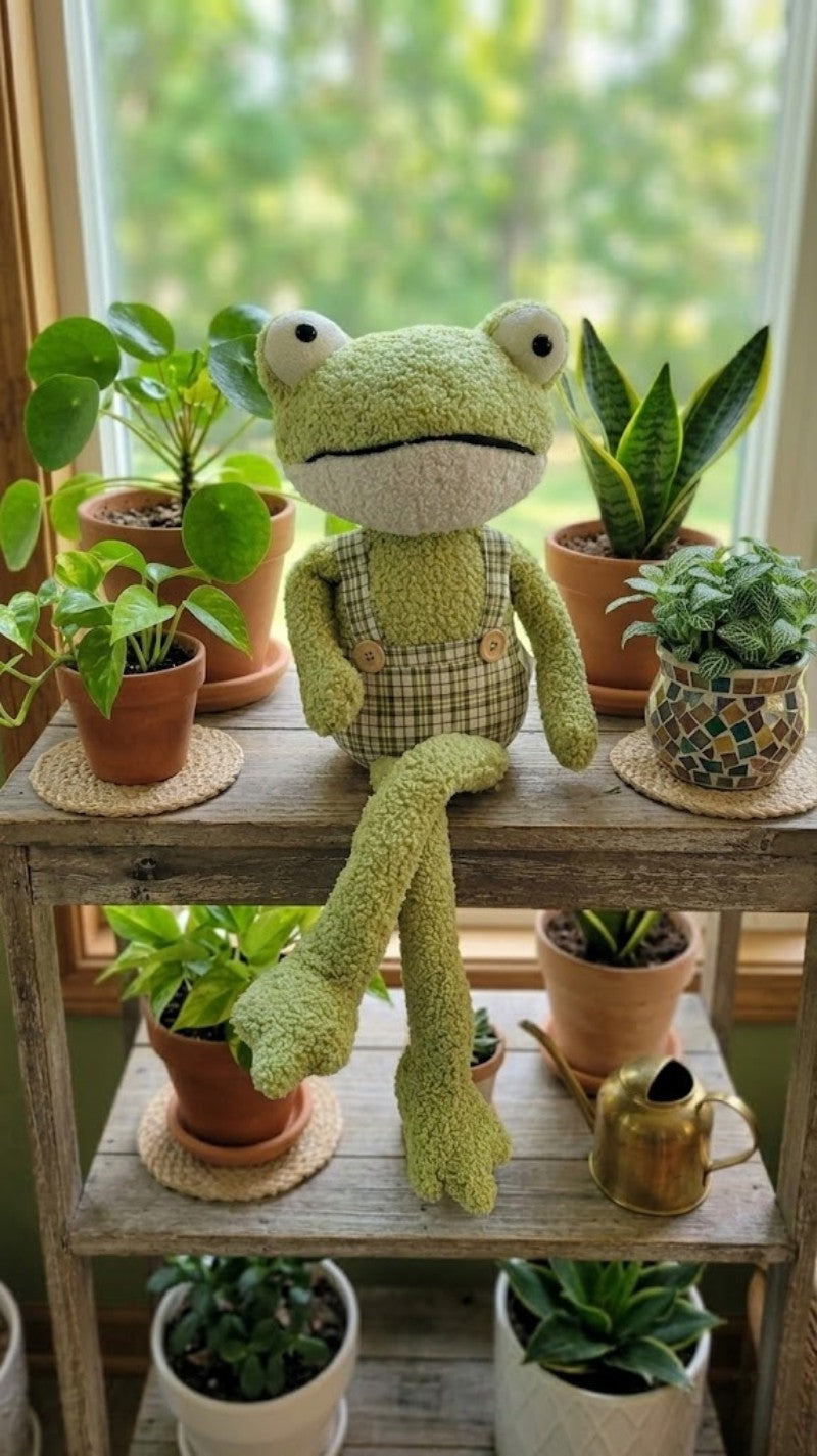 Large Plush Whimsical Frog with Plaid Overalls Weighted 23.5" Shelf Sitter