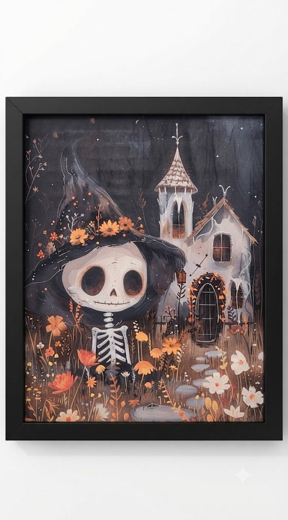 The Skeleton’s Secret Garden Halloween Wood Framed Wall Art, 11.75" X 9.5"