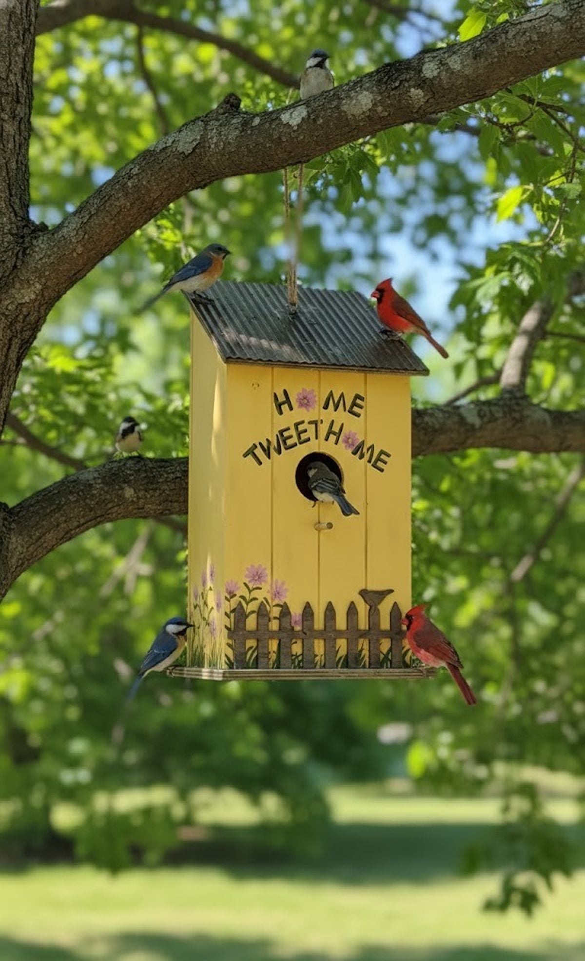 "Home Tweet Home" Whimsical Wooden Yellow Birdhouse with Metal Roof