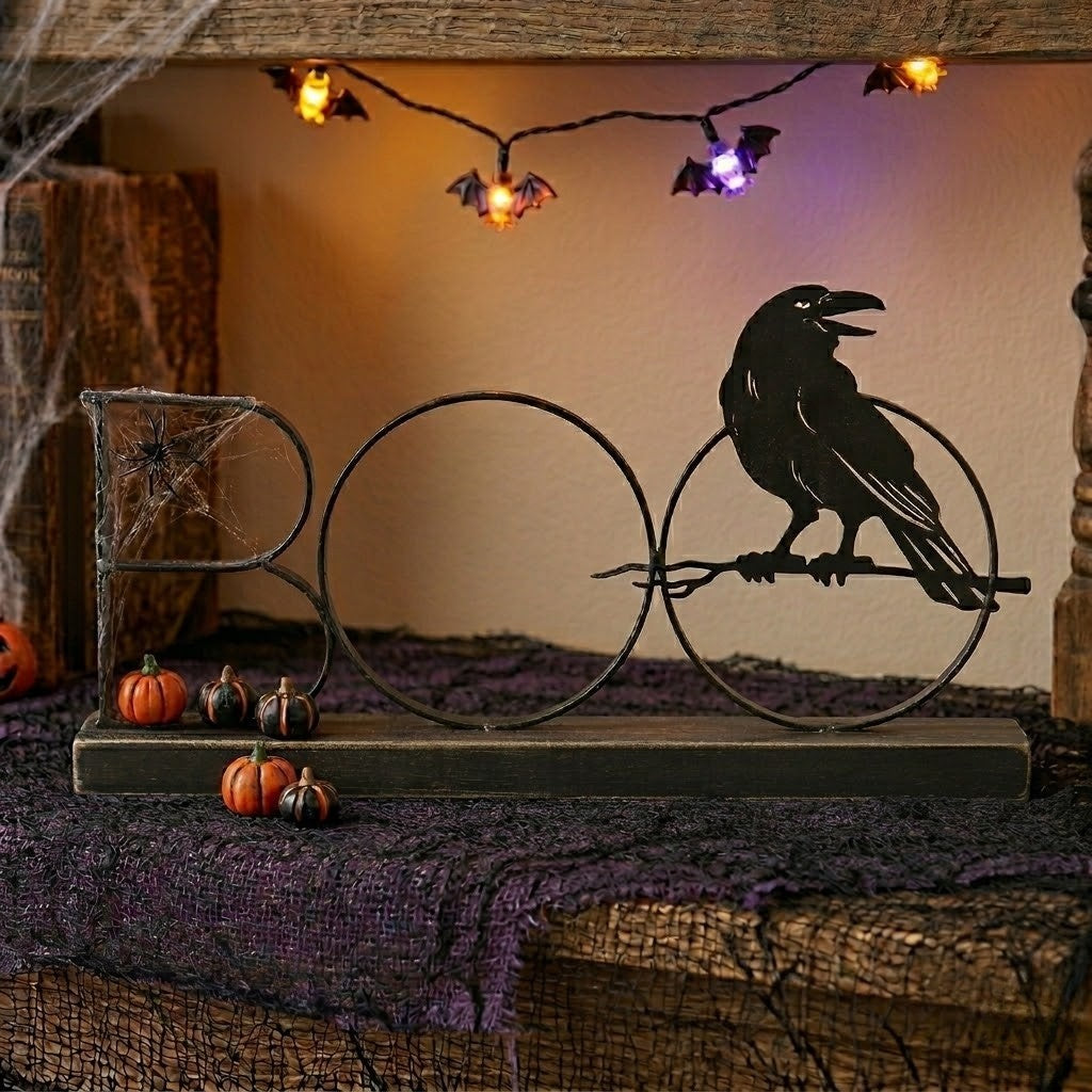 Black Crow Perch Boo Sign Halloween Metal and Wood Shelf Decor
