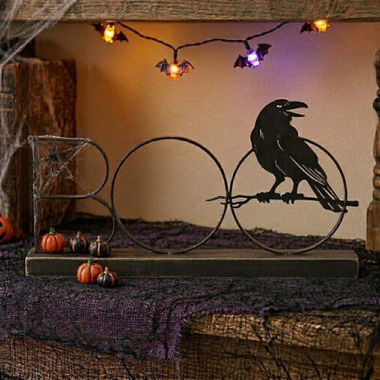 Black Crow Perch Boo Sign Halloween Metal and Wood Shelf Decor