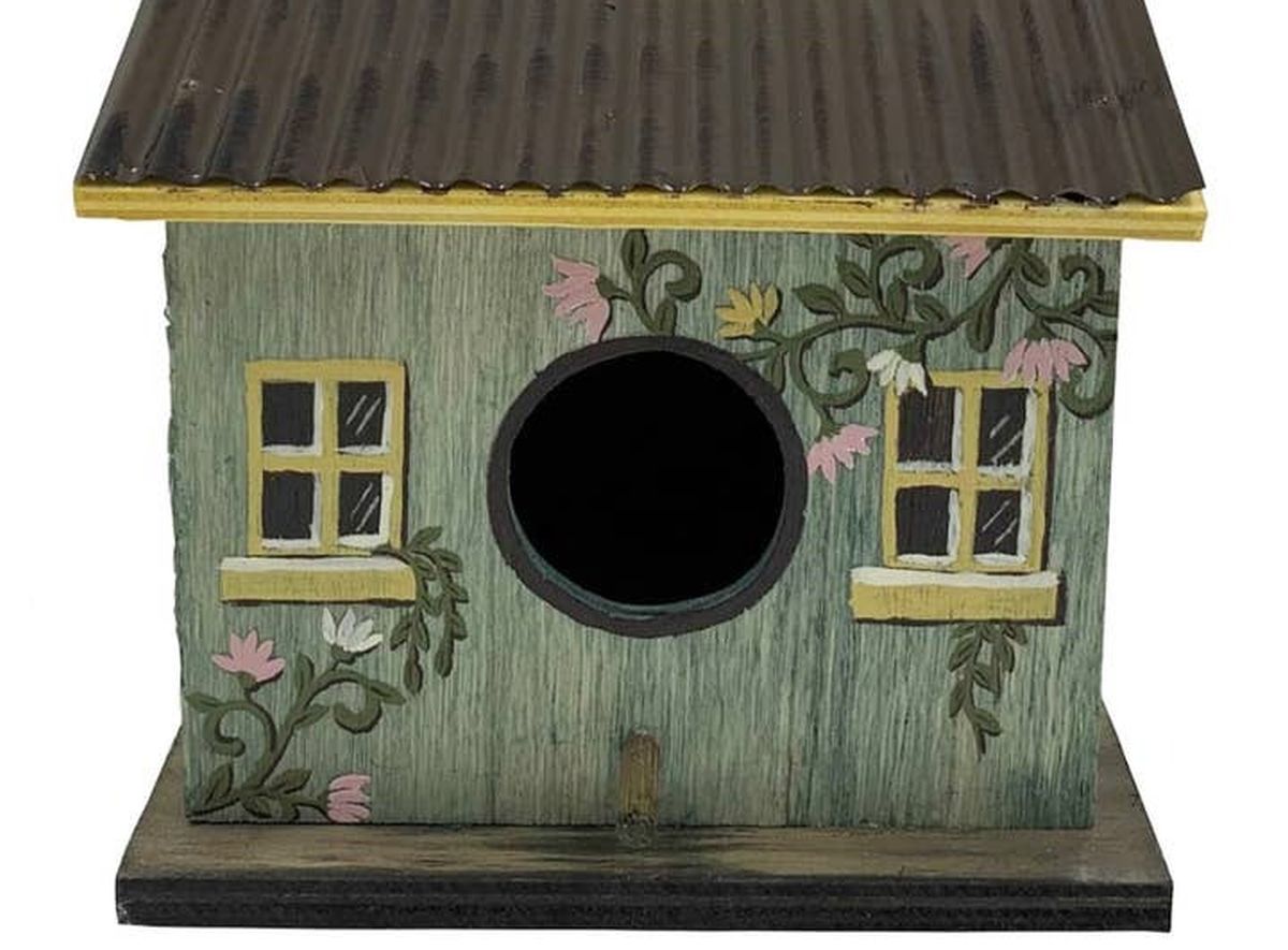 Potting Shed Floral Wooden Small Birdhouse with Metal Roof