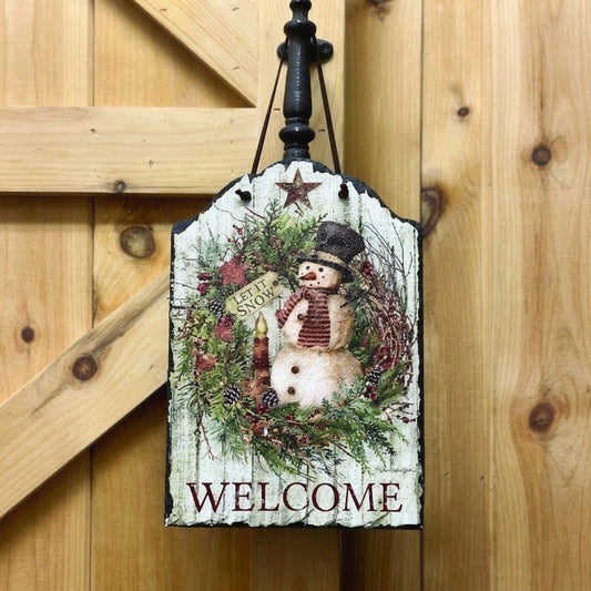 Folk Art Winter Snowman Hanging Slate Welcome Sign for Christmas Wall & Door Decor