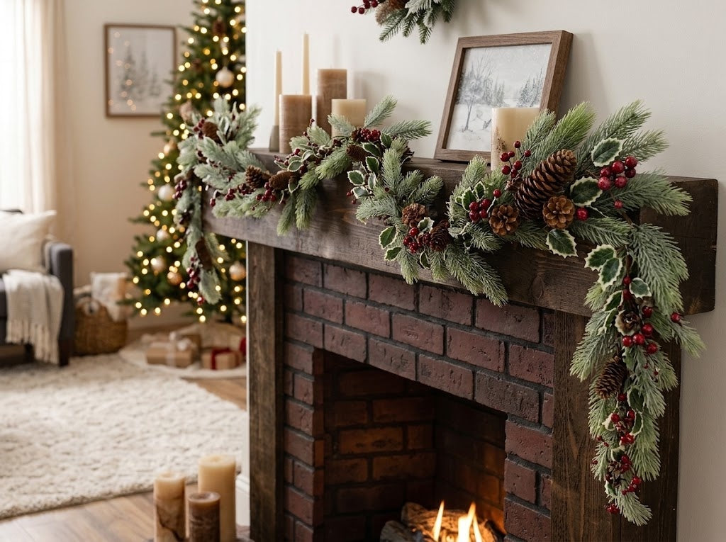 Christmas Artificial Variegated Holly, Fir, Pinecones and Berries Garland, 58"