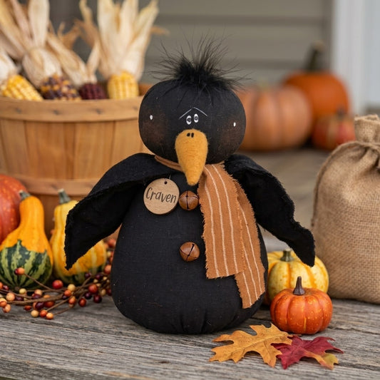Craven the Crow, Primitive Rustic Fabric Sitter with Bell Buttons & Scarf