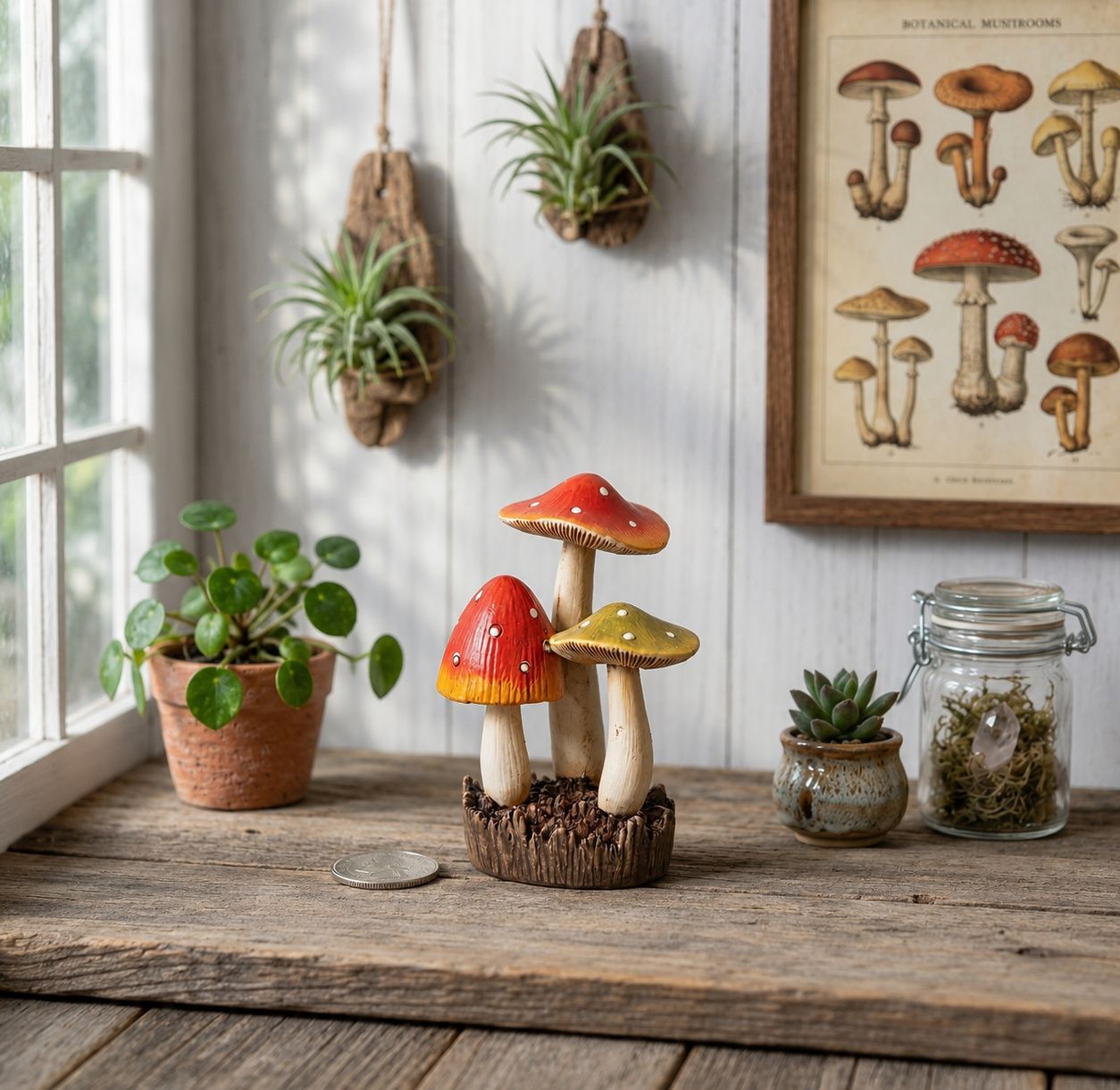 Toadstool Mushrooms Trio, Red and Green with Polka Dots, Fairy Garden Statuette