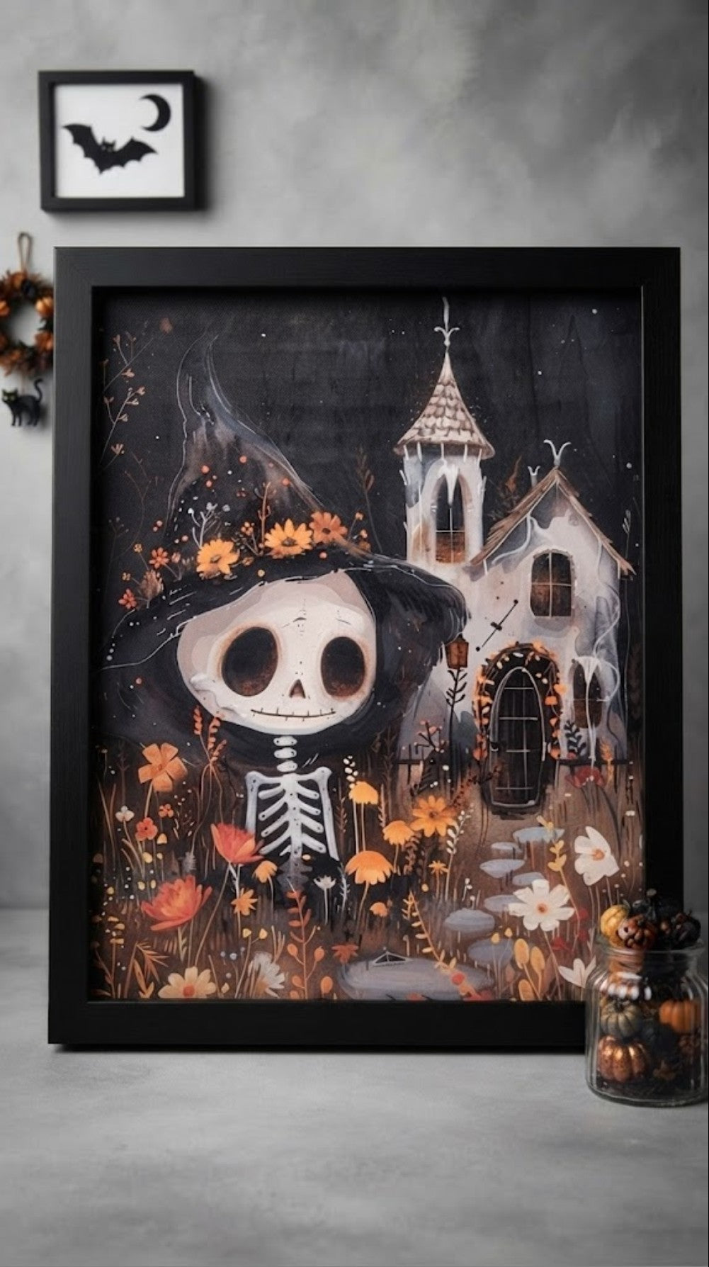 The Skeleton’s Secret Garden Halloween Wood Framed Wall Art, 11.75" X 9.5"
