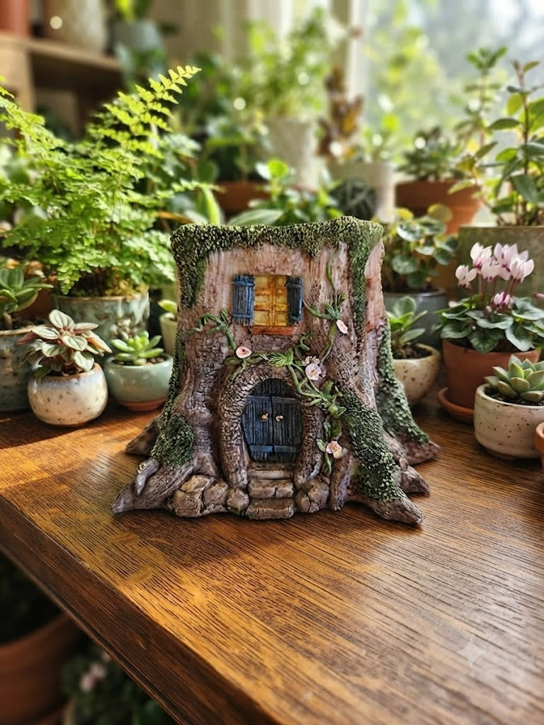 Rustic Tree Stump House Miniature Planter, Fairy Garden, Log Cabin Flower Pot