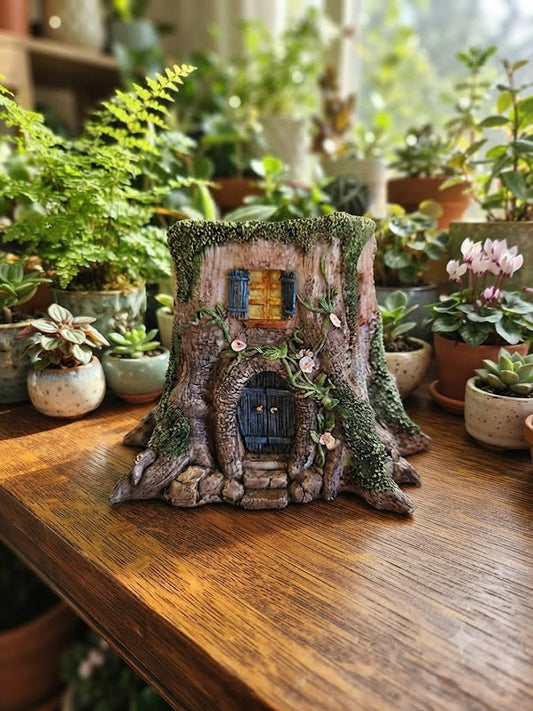 Rustic Tree Stump House Miniature Planter, Fairy Garden, Log Cabin Flower Pot
