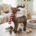 Christmas Reindeer Figurine 8" Faux-Wood Finish Ceramic Deer with Striped Scarf