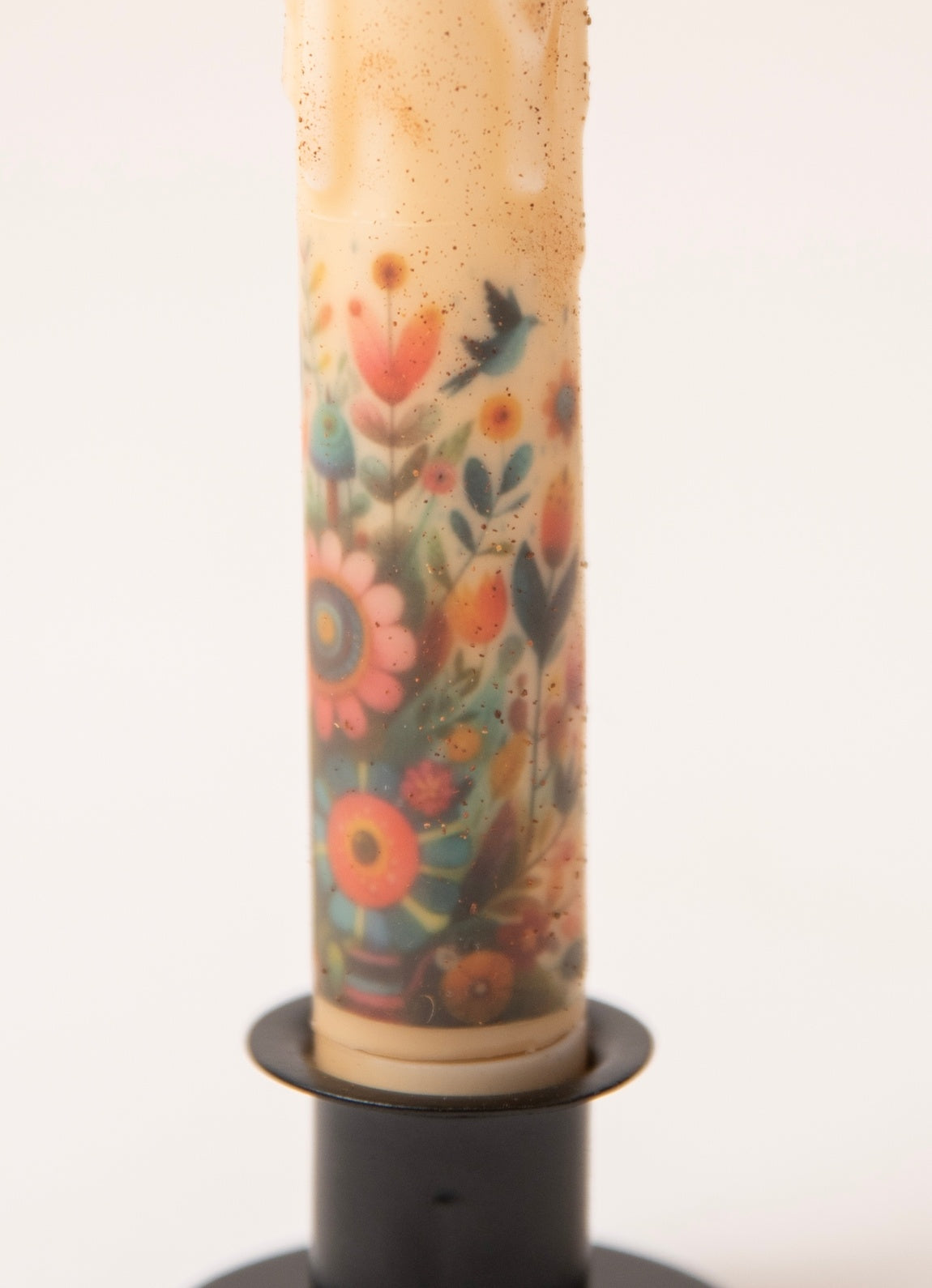 Primitive Folk Art Birds & Flowers 7" Timer Taper Candle and Black Metal Holder