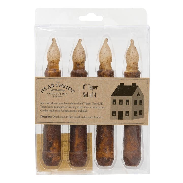 Primitive Burnt Mustard, Brown Battery Operated Led Tapers Set of 4 in Package