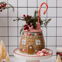 Ceramic Gingerbread Cottage Vase Flower Frog Chimney Christmas Centerpiece 6"