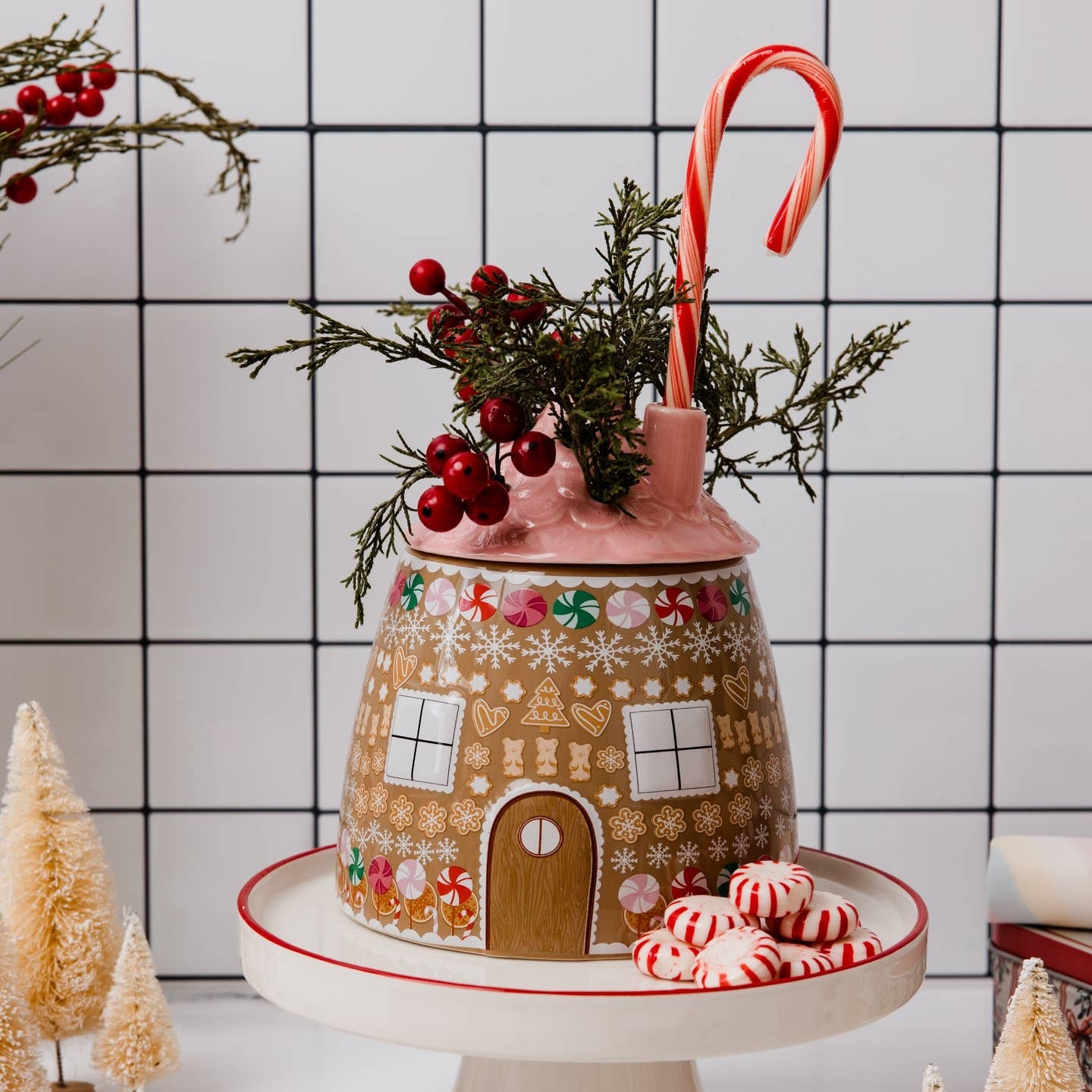 Ceramic Gingerbread Cottage Vase Flower Frog Chimney Christmas Centerpiece 6"