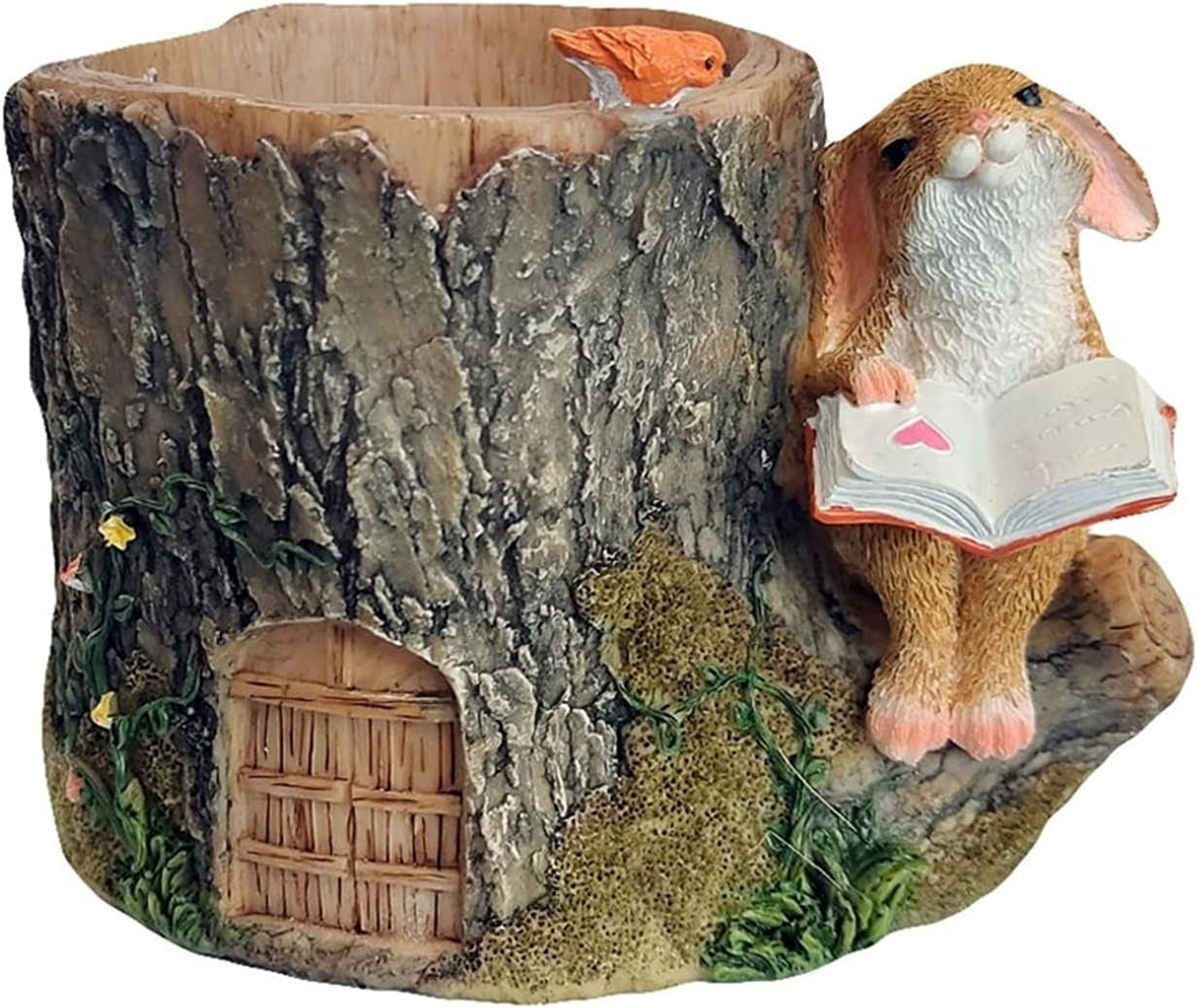 Whimsical Bunny Reading by Tree Stump Fairy Garden Miniature Planter