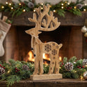 Carved Natural Mango Wood 16" Reindeer Figurine, Rustic Snowflake Christmas Decor