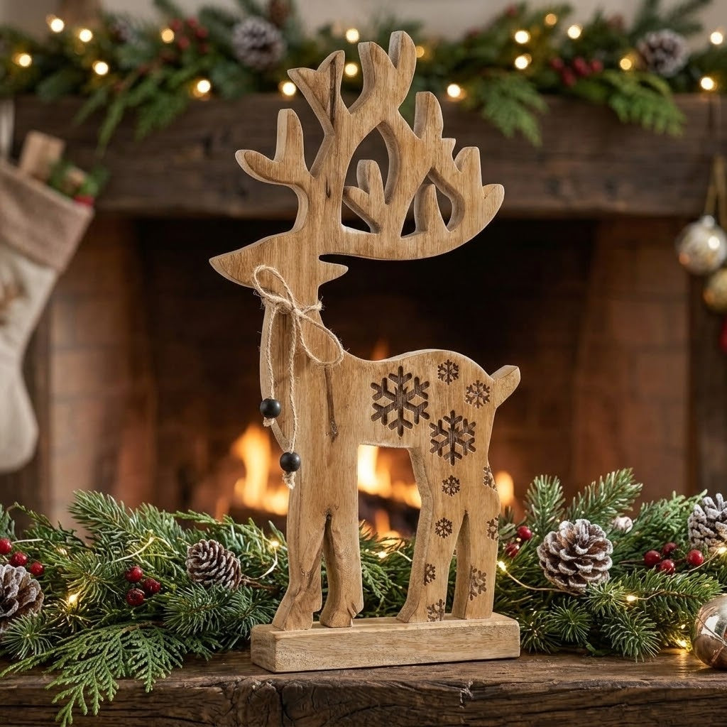 Carved Natural Mango Wood 16" Reindeer Figurine, Rustic Snowflake Christmas Decor