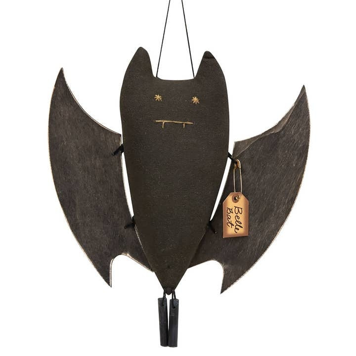 Belle Bat Primitive Fabric and Wood Halloween Goth Ornament, 8" Hanging Decor