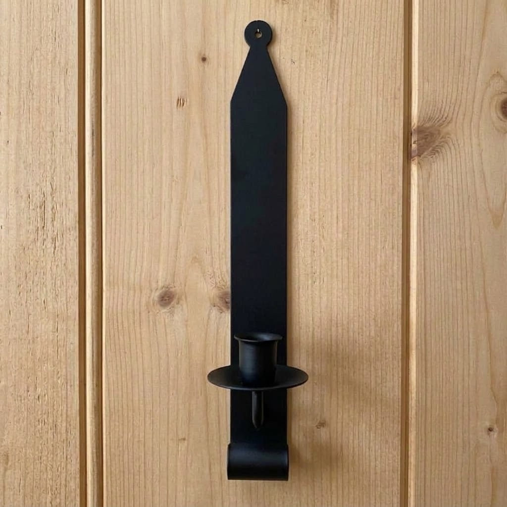 Hand-Forged Primitive Black Iron Wall Sconce Taper Candle Holder, 13.75"
