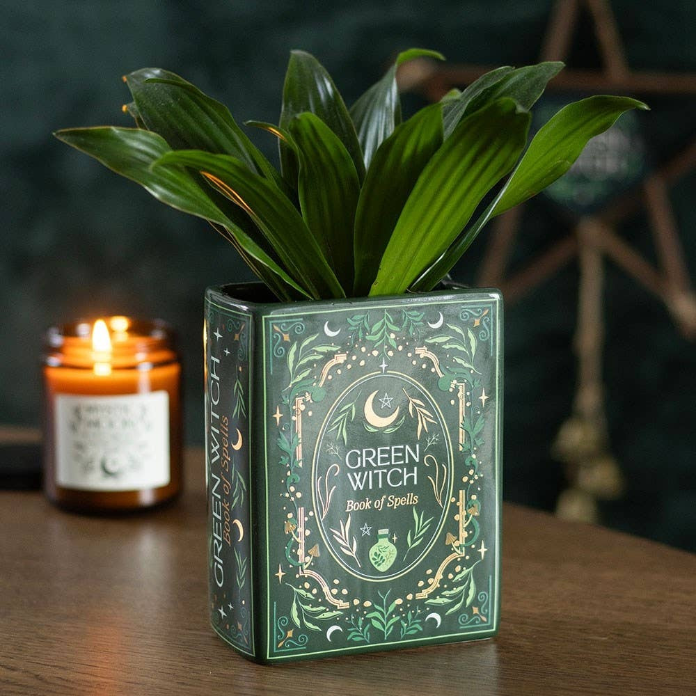 Green Witch Book of Spells Small 5.75" Book-Themed Flower Vase