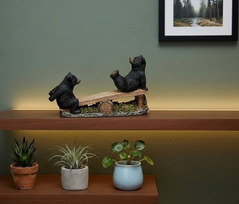 Twin Black Bear Cubs Playing on a Log Seesaw Figurine, Rustic Forest Cabin Decor
